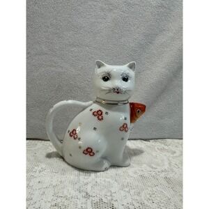 Adorable Ceramic Cat Teapot with Fish Accent Whimsical Kitchen Decor